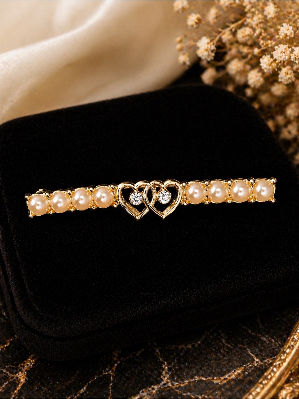 Vintage Romantic Double Heart Faux Pearl Bar Pin Brooch